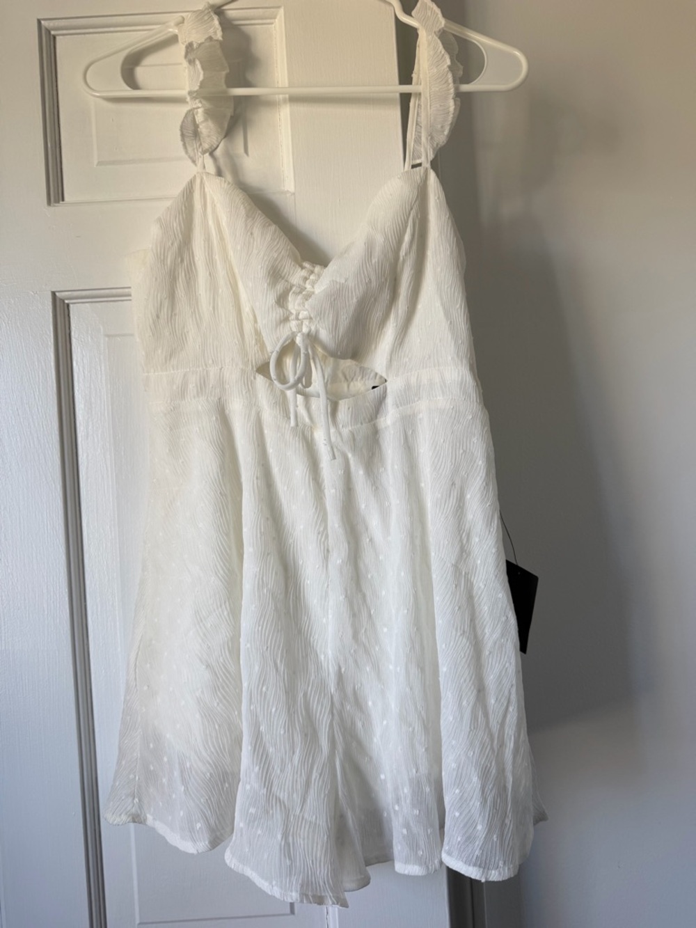 Lulu's White Textured Lace-Up Sundress Romper